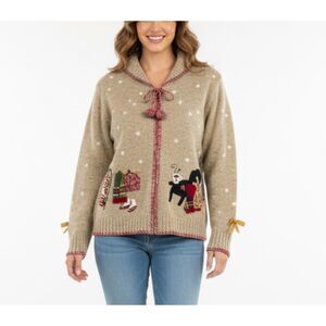 Northern Isles Tan Marled 2004 Christmas Winter Scenes Full Zip Sweater Size XL